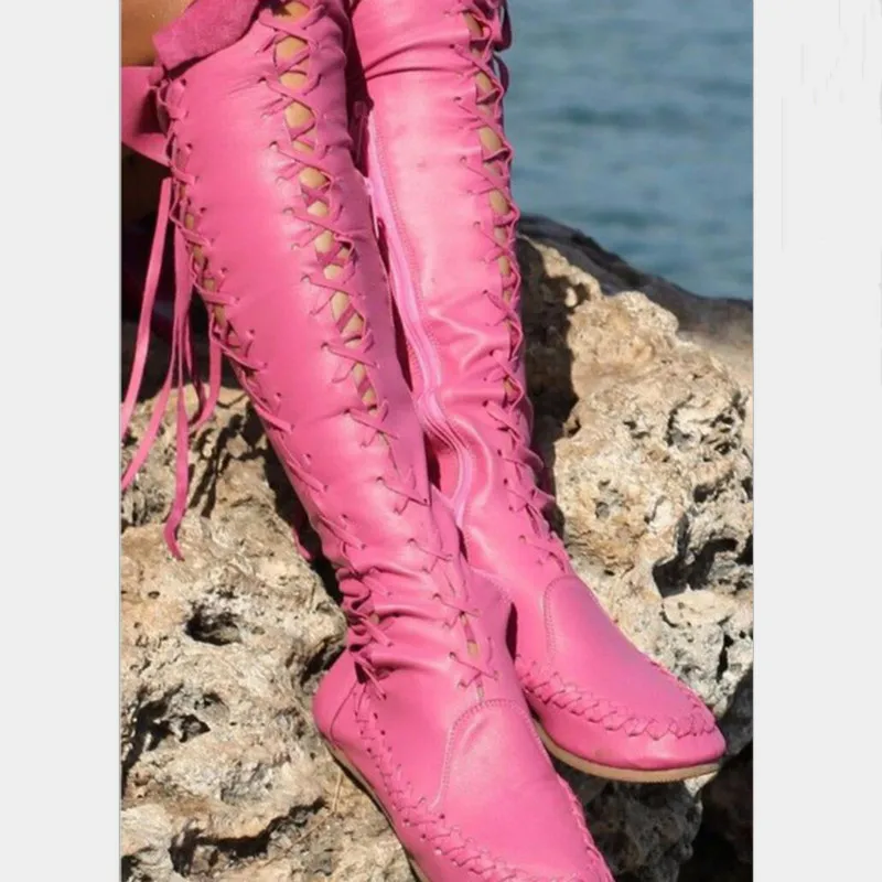 High Quality Over The Knee Women Boots Soft Leather High Straps Slim Large Size Pink Women's Long Boots Shoes Woman