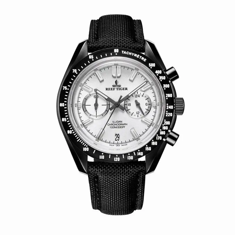 Reef Tiger/RT мужские дизайнерские спортивные часы из телячьей кожи с нейлоновым ремешком 316L сталь светящиеся водонепроницаемые мужские часы с хронографом RGA3033 - Цвет: RGA3033BWB
