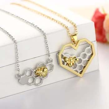 

100pcs/lot fashion boutique heart-shaped honeycomb pendant real gold bee necklace insect jewelry
