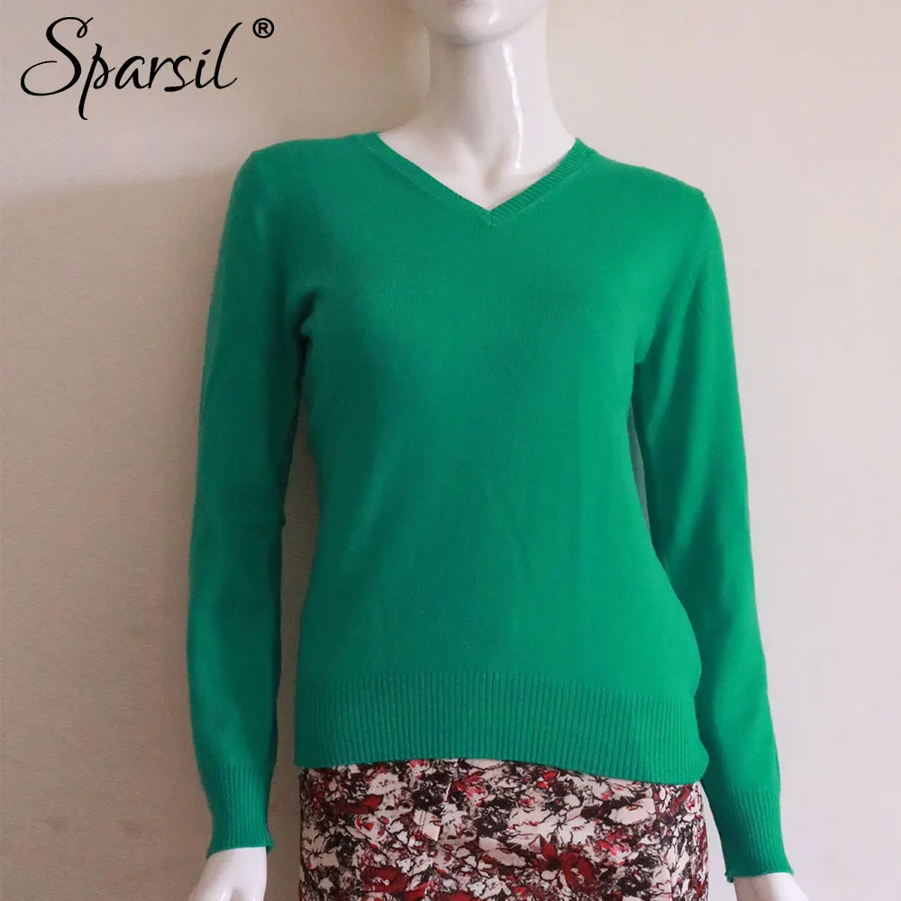 Sparsil, женский осенний зимний кашемировый свитер, пуловер с вырезом в виде буквы V, длинный рукав, джемперы, Женский вязаный свитер, 16 цветов, S-XXL - Цвет: Water Green