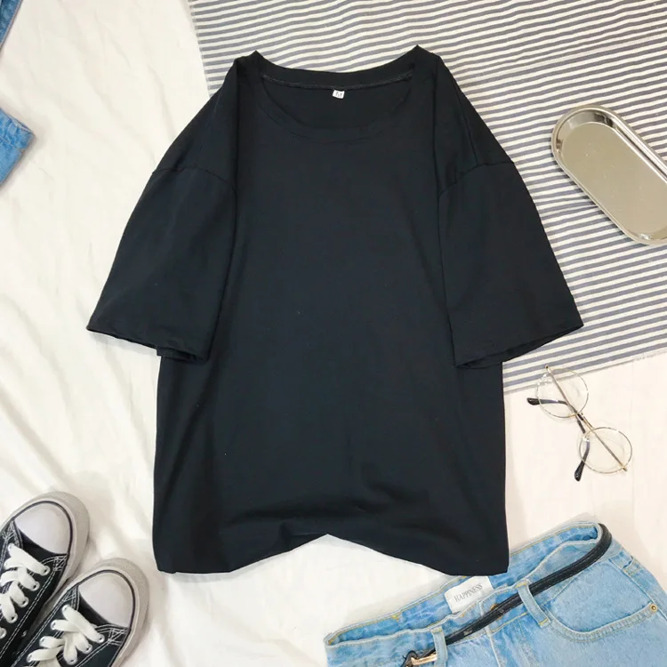 Harajuku футболка, 4 однотонных цвета, базовая футболка, Женская Повседневная футболка с круглым вырезом, летний топ, корейский хипстер, уличная одежда, белая футболка - Цвет: solid color-black