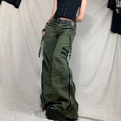 Harajuku verde calças de brim y2k grunge cintura baixa calças de carga hip hop estilo punk bandagem baggy retro calças compridas roupas góticas