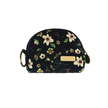 

Women Portable Coin Purse Mini Mobile Phone Zipper Closure Canvas Cards Flower Printed Key Holder Practical Semicircle Gift
