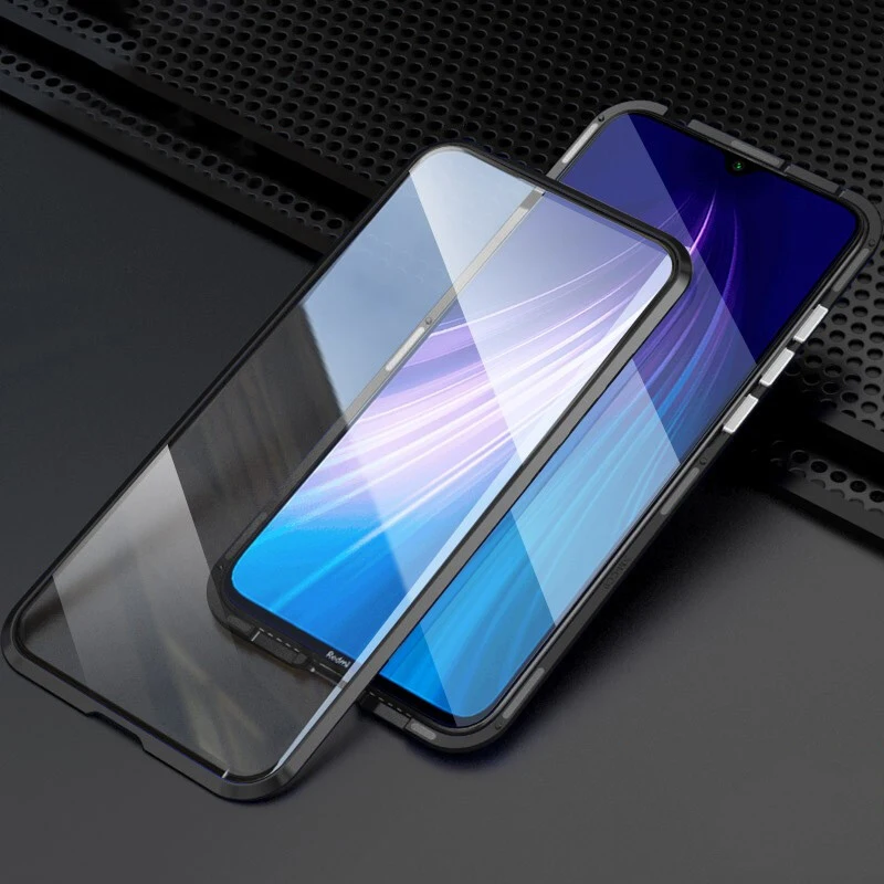 Магнитный двухсторонний защитный чехол 360 для Xiomi Redmi 8, закаленное переднее заднее стекло, металлический чехол Redmi 8 On для Redmi8 A 8A, чехол - Цвет: Black Case