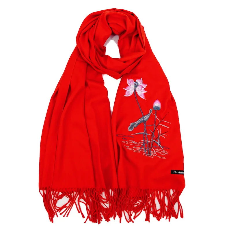Luxury Brand Scarf Thick Winter Women Scarf Warm Cashmere Lotus Embroidery Tassel Shawl Wrap Blanket Hijab Lady Scarf Pashmina