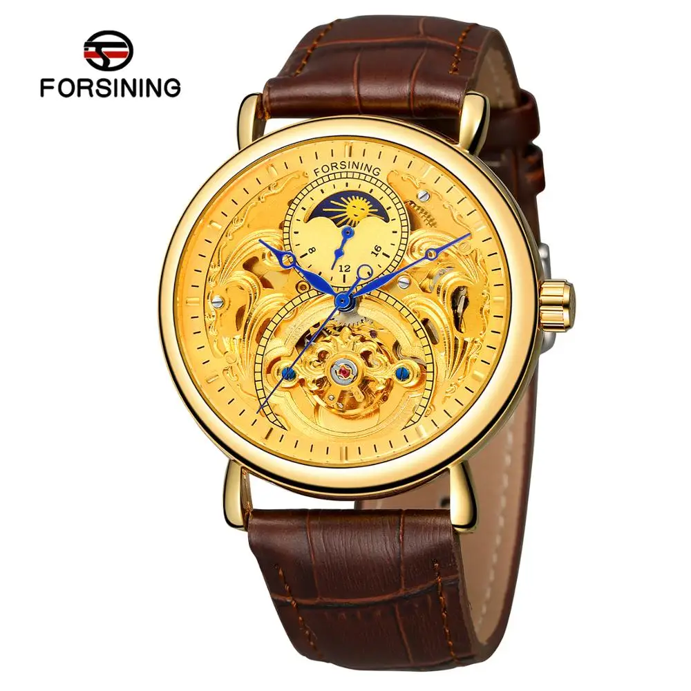 FORSINING роскошный белый золотой дисплей черный натуральная кожа Moonphase модные синие руки водонепроницаемые мужские механические часы - Цвет: brown gold