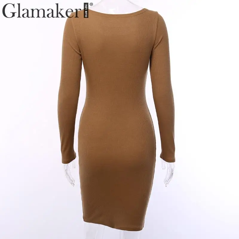 Glamaker, трикотажное одноцветное облегающее платье с квадратным вырезом, женское элегантное мини-платье с длинным рукавом, женское осенне-зимнее Клубное сексуальное платье