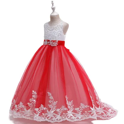 Girl Bowknot Lace Sleeveless Flower Princess Dress Children Clothes Girl Party Dress Costumes Children 4-12T Clothing Retail - Цвет: Red