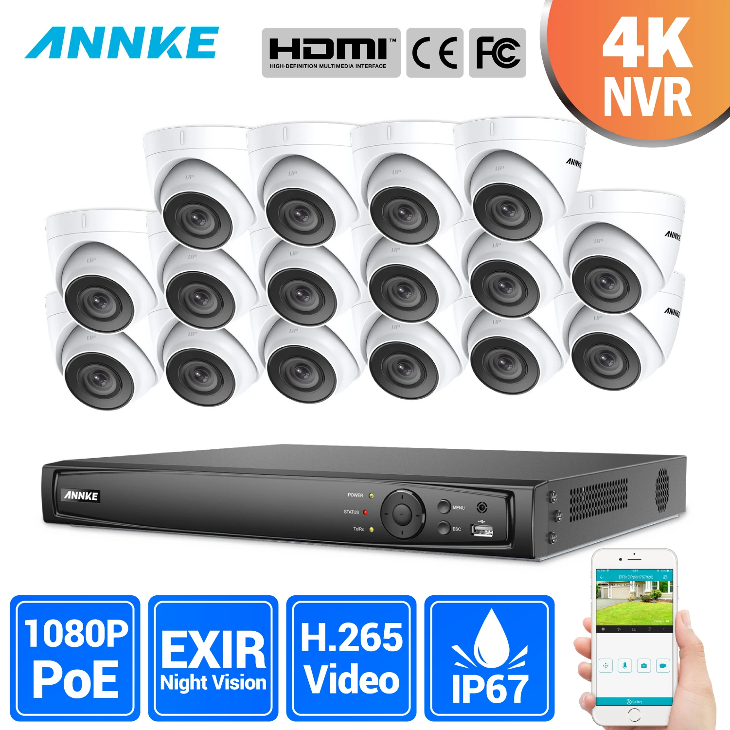 

ANNKE 16CH 2MP Ultra HD POE Network Video Security System 4K H.265 NVR With 16X 2MP 30m EXIR Night Vision Weatherproof IP Camera