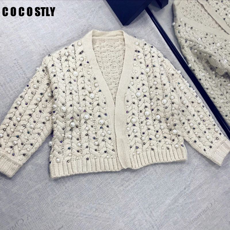 Повседневные женские кардиганы, однотонные, украшенные бисером, женский шерстяной свитер с v-образным вырезом, вязаный осенне-зимний шерстяной кардиган, одежда sueter mujer invierno