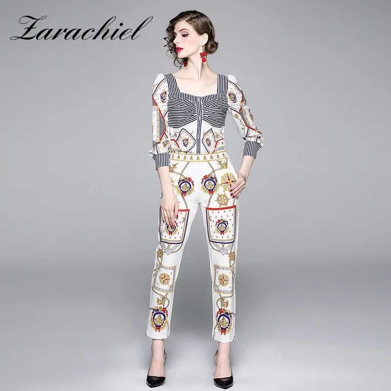 

Fashion Designer Suits Set Women's Long Sleeve Square Collar Striped Vintage Print Tops + Ankle-Length Pencil Pants 2 Piece Set