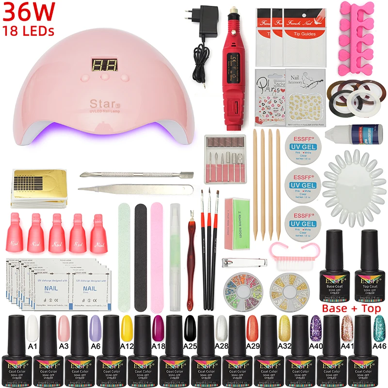 

ESSFF Nail Set 36W LED Lamp For Manicure 12 pcs Gel Nail Polish Set Kit Soak Off Gel Varnish For Nail Art Set Dryer Machine Tool