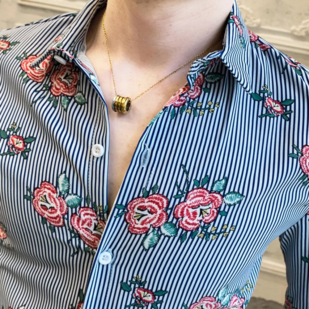 Striped Flower Men Shirt Long Sleeve Casual Shirts Mens Business Dress Shirts Turn-down Collar Shirt Chemise Homme