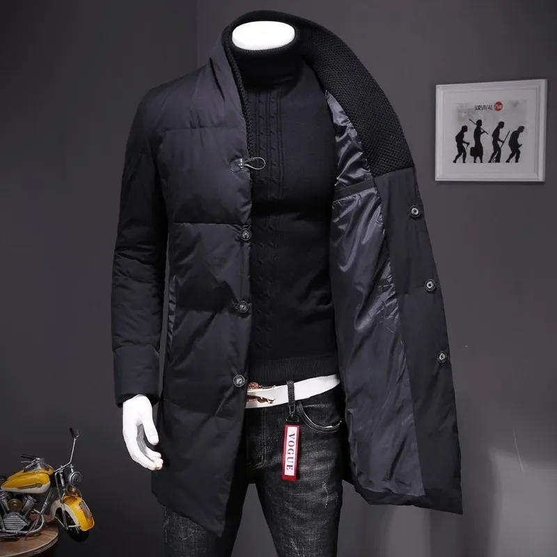 

Stand Collar Winter Warm Mens Medium Length Light Down Coats Long Sleeve Single Breasted Casual Outerwear Coats Plus Size 5XL