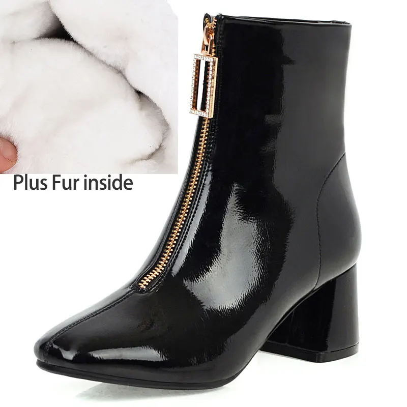 Plus Fur Black Sgesvier/ г. Лакированные кожаные облегающие ботинки на молнии спереди с блестящими кристаллами женская обувь красные женские ботильоны размер 48 G731 - Цвет: Plus Fur Black