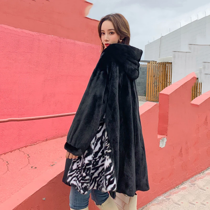 Ftangaiur Winter Import Velvet Mink Coat Embroidered With Fur Hood Loss Natural Fur Coat Women's Medium Real Mink Fur Coats