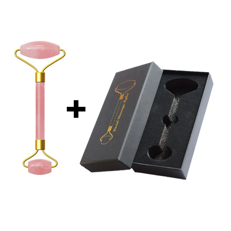 Pink Roller with box Розовый кристаллический камень нефритовый ролик Набор Массаж подтяжка лица роликовый лицевой массажер для похудения натуральный кварцевый камень инструмент для массажа шеи - Цвет: Pink Roller with box