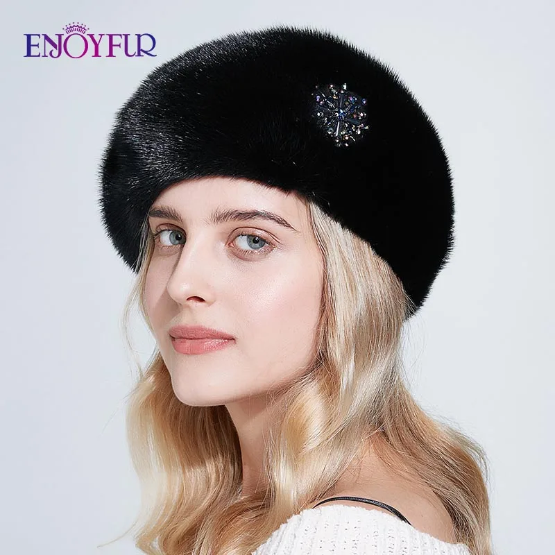 ENJOYFUR, норковые меховые береты для женщин, зимние, теплые, русские, цельные, норковые меховые шапки, дамские, модные, стразы, шапки