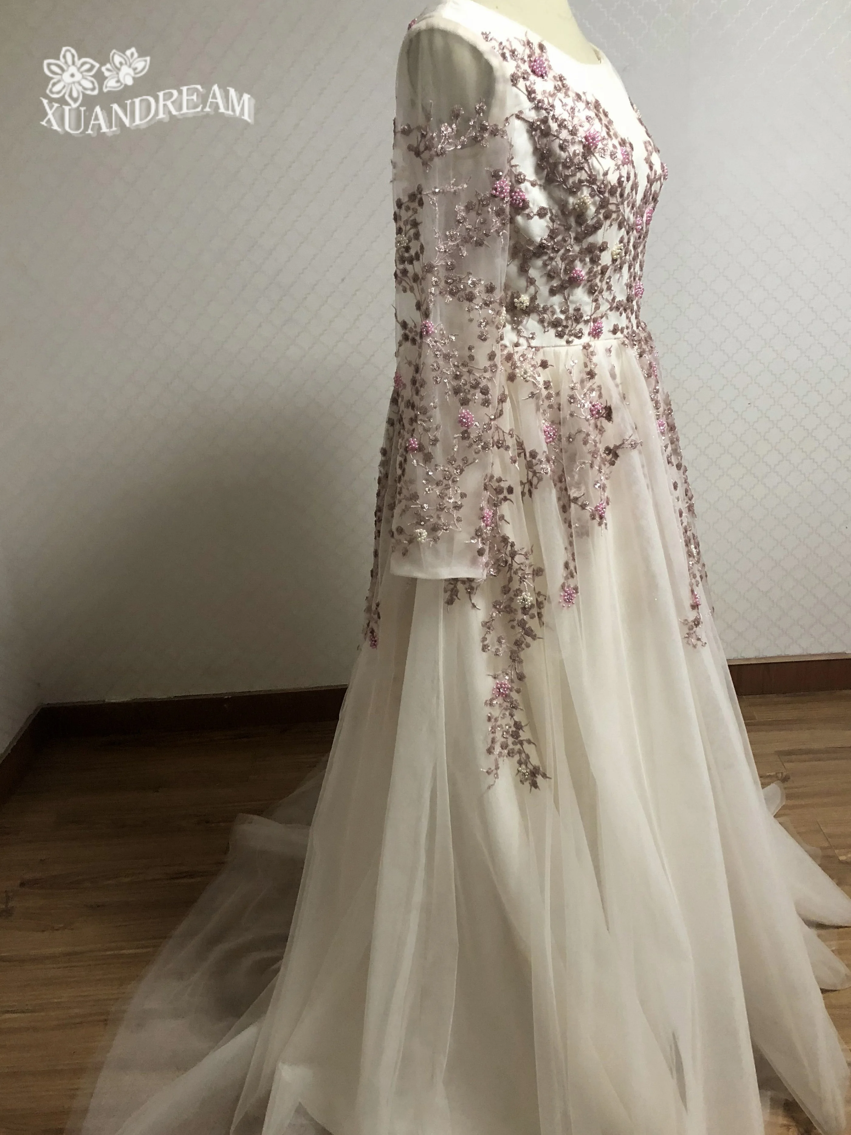 vestido noite вечернее платье с аппликацией и кружевными цветами vestido de noche largo парадное с длинными рукавами вечернее платье для вечеринки XD-47