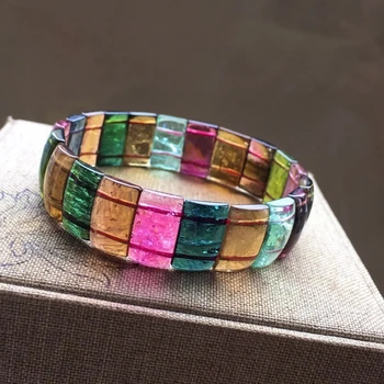 

Certificate Natural Colorful Tourmaline Clear Rectangle Beads Bracelet 15/8.9mm Women Men Stretch Crystal Stretch Bangle AAAAA