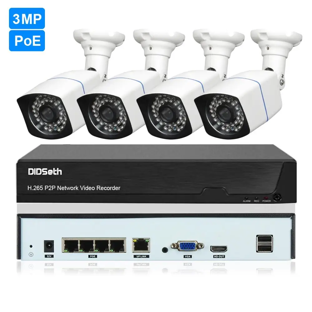 

DIDSeth H.265 4CH 3MP POE Security Camera System Kit 4pcs AI IP Camera Outdoor Waterproof CCTV Video Surveillance NVR Set