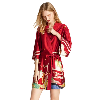 

Silk Robe Womens Sleepwear Bathrobe Kimono Bridesmaid Robes Mini Nightgown Satin Night Wear Plus Size Lingerie Robe Pink Printed