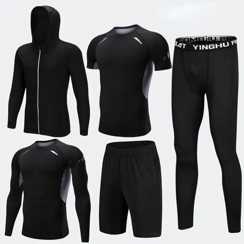 Black gray suit Quick Dry Men's Running Sets 5pcs/sets Compression Sport Suits Sports Joggers Training Gym Fitness Tracksuits Running Set - Цвет: Black gray suit