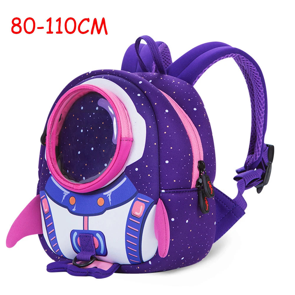 purple 80-110 cm Рюкзаки+ веревка для девочек с героями мультфильмов, детские сумки для детского сада синего, фиолетового цвета, Регулируемая мягкая сумка с ракетами - Цвет: purple 80-110 cm