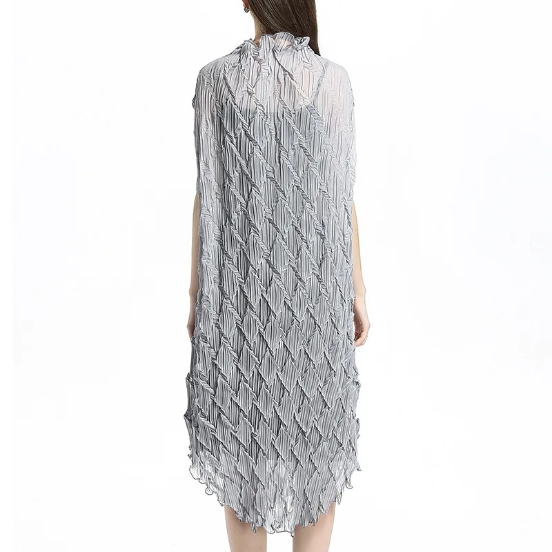 Fashion Solid Color Stand Collar Short-sleeved Plaid Fold Dress Two-piece Casual Fashion Loose Plus Women Tide Autumn New TC921