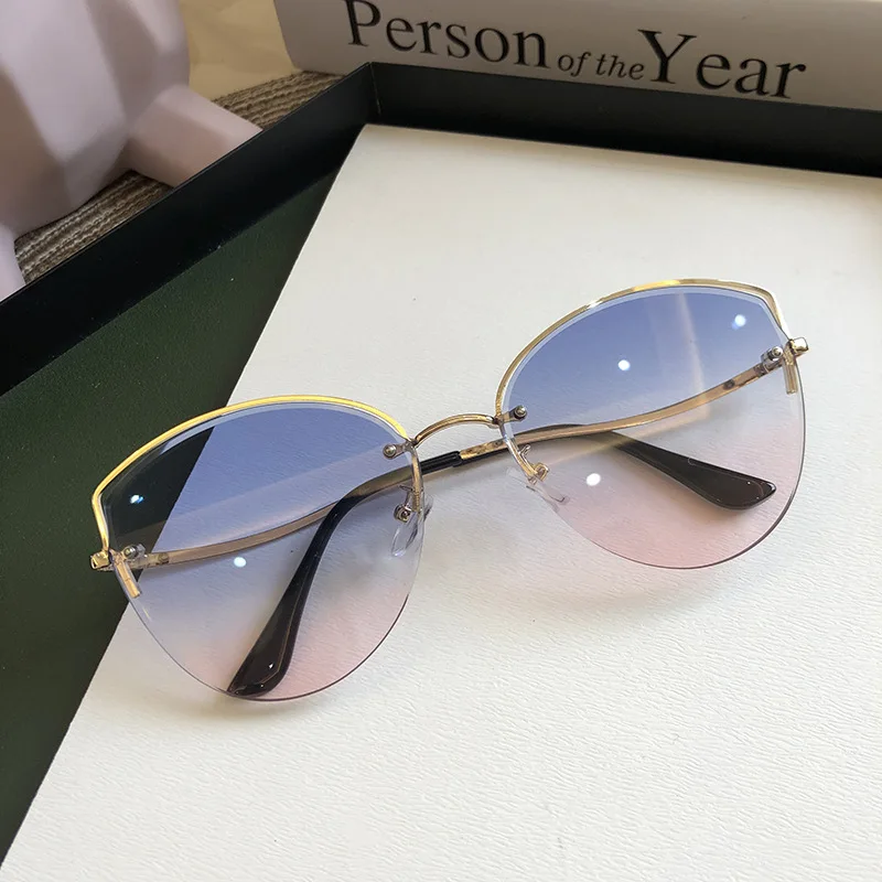 Brand Rimless Sunglasses Women Luxury Cat Eye Sun Glasses Ladies Clear Gradient Sunglass 2022 Diamond Cutting Lenes UV400 big sunglasses for women