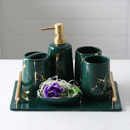 Набор из 5 предметов, принадлежности для ванной комнаты, темно-зеленый керамический Мраморный Узор, поднос для ванной, набор для мытья, кружка, чашка, зубная щетка, набор керамических зубных щеток - Цвет: 6pcs Set