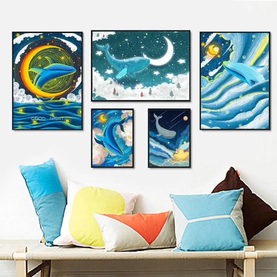 

Watercolor Whale Sea Moon Star Cloud Cartoon Nordic Posters And Prints Wall Art Canvas Painting Wall Pictures For Baby Kids Room
