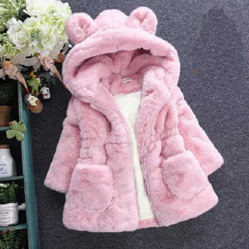 Rabbit's Plush Ears Sweater Autumn Winter Wear for Girls Plus Velvet Thicken Hooded Fur Coat Long Sleeve 2- 8T Years Old - Цвет: pink thicken