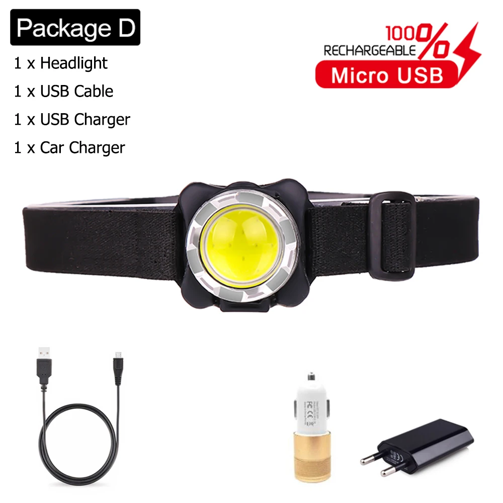 Package D COB светодиодный налобный фонарь USB Перезаряжаемый налобный фонарь со встроенным аккумулятором водонепроницаемый Головной фонарь для взрослых, кемпинга, Красного освещения - Испускаемый цвет: Package D