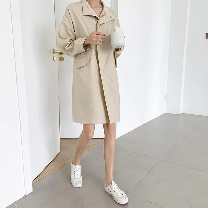 Back Corset Lanyard Washed Cotton Mid-length Trench Coat Autumn And Winter New Style Korean-style WOMEN'S Wear Large Size C