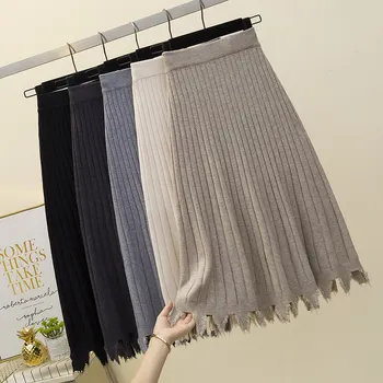 

Long Midi Skirts Knitted Tassel High Elastic Waist Striped Autumn Winter Skirt Soft Warm Vintage Harajuku Loose Black Skirt W206