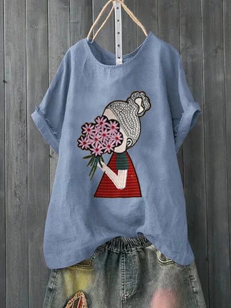 5XL размера плюс Весенняя летняя футболка женская с коротким рукавом Топы Harajuku для девочек футболки с принтом Повседневная дышащая хлопковая льняная рубашка