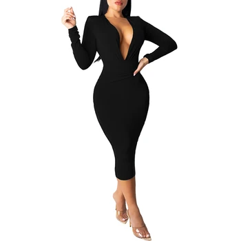 

Bikitique Winter Bodycon Dress Solid Color Deep V-Neck Long Sleeve Tight Package Hip Sexy Dress Women Casual Club Party Dress