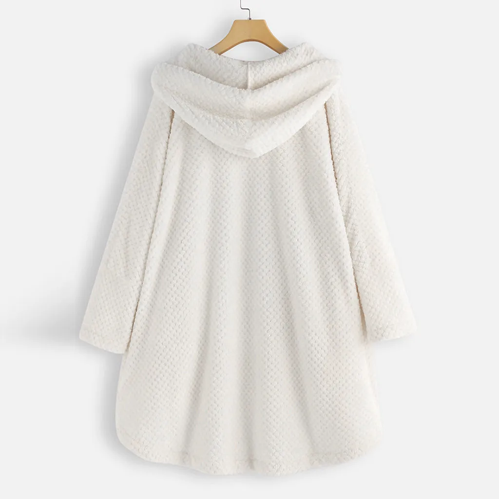 Плюшевое флисовое пальто размера плюс 5XL Женское зимнее пушистое пальто модное повседневное однотонное пальто с капюшоном и пуговицами из искусственного меха шерстяное пальто женское пальто