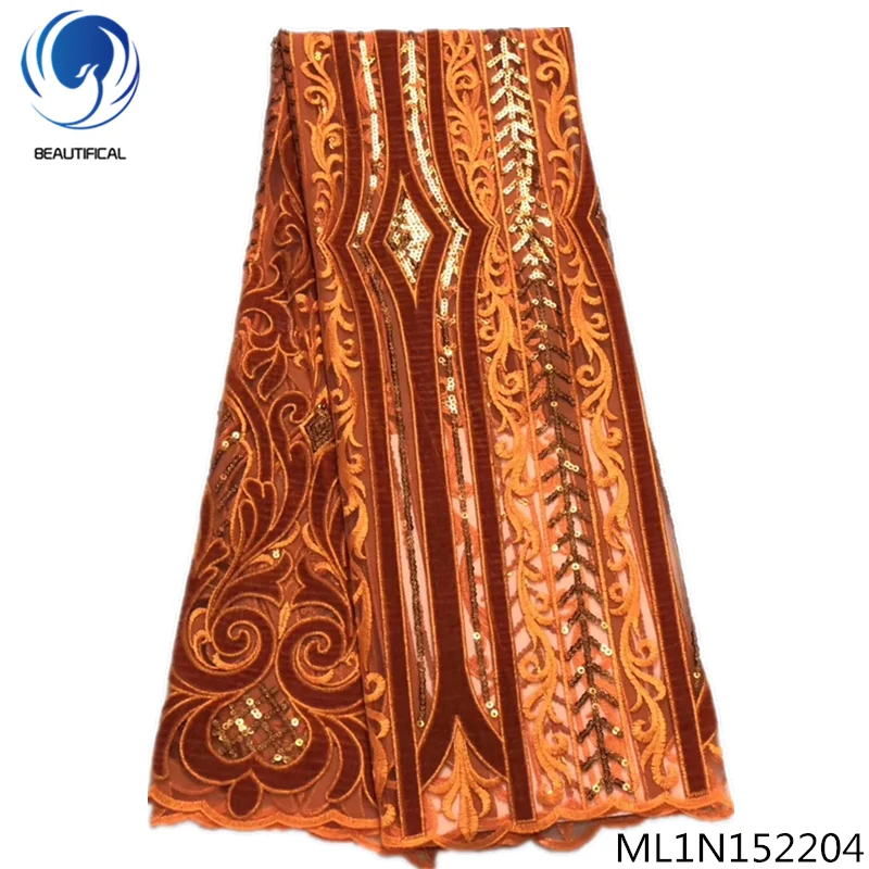 

Beautifical african lace fabrics Hot sale nigerian tulle lace with sequins 5yards Flannel fabrics mix net lace ML1N1522