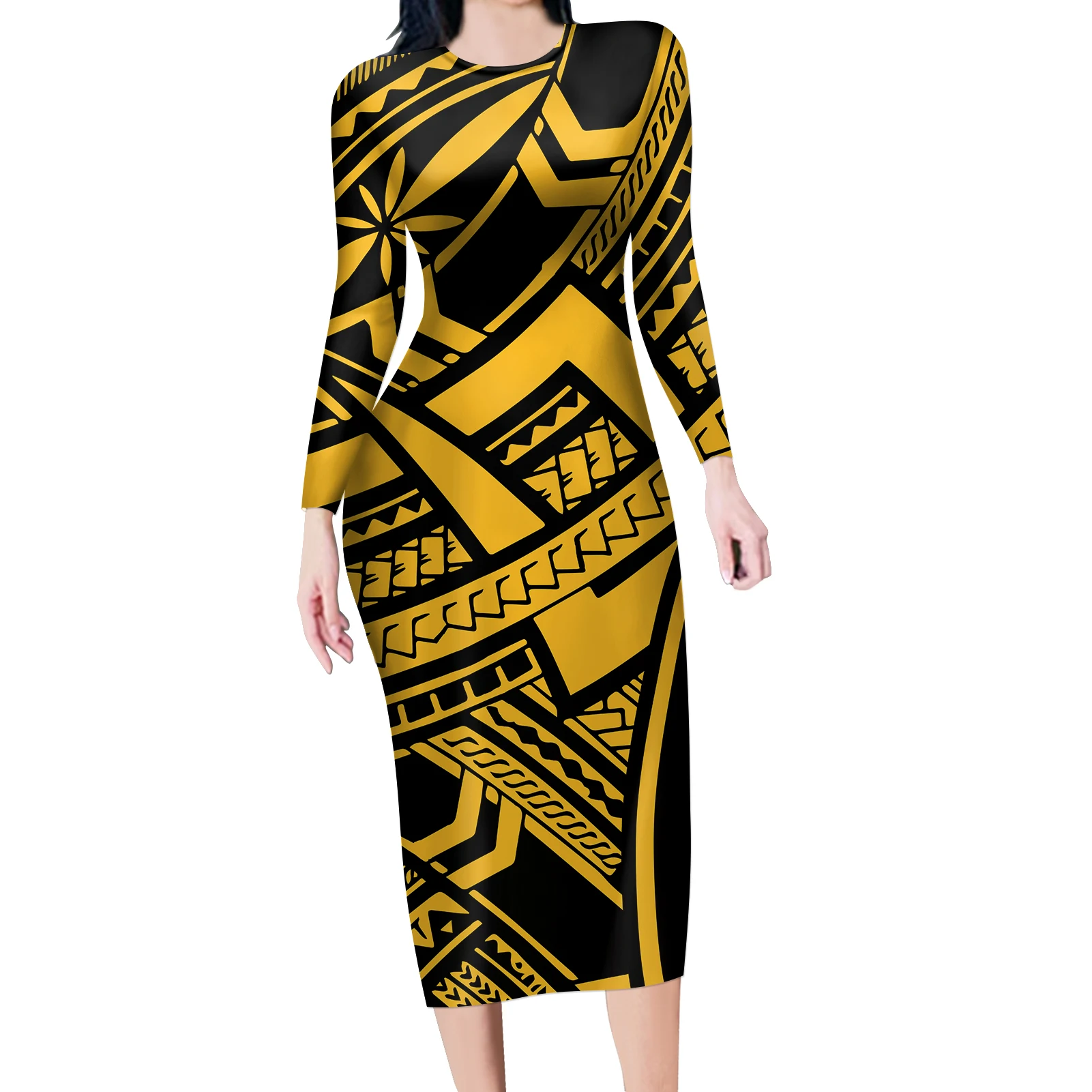 

New Arrivals Women's Autumn Long Sleeve Bodycon Round Neck Knee Length Clothing Polynesian Tribal Samoa Printing Dresse