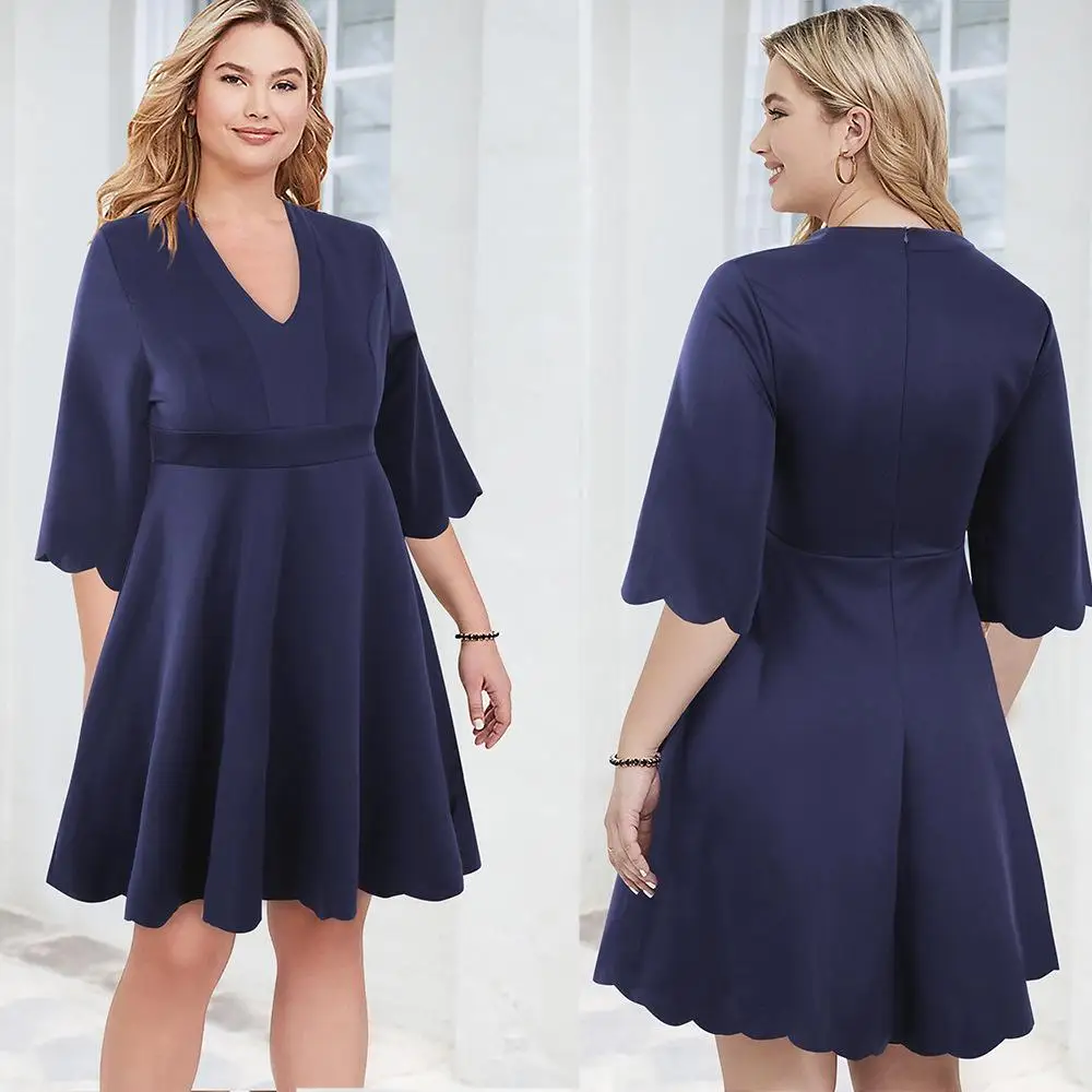 XL-4XL Для женщин V образным вырезом плюс Размеры элегантное праздничное платье осень Повседневное с коротким рукавом в морском стиле голубое платье большие размеры; для офиса; женские плиссированные платья