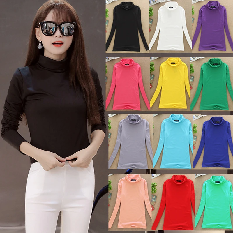 2019 футболка с длинными рукавами и высоким воротником Женская модная Однотонная