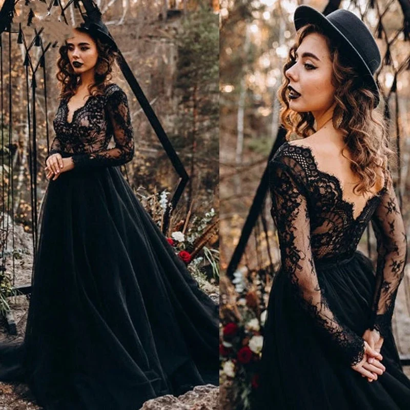 『Cheap!!!』- Vintage Black Wedding Dress Lace Long Sleeve Open Back A
Line Gothic Bridal Gowns Court Train 2021 Deep V Neck Vestidos De Novia