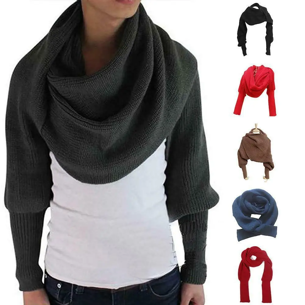 Новинка унисекс женский вязанный шарф с рукавами длинный для женщин шали обертывание сплошной зимний теплый шарф