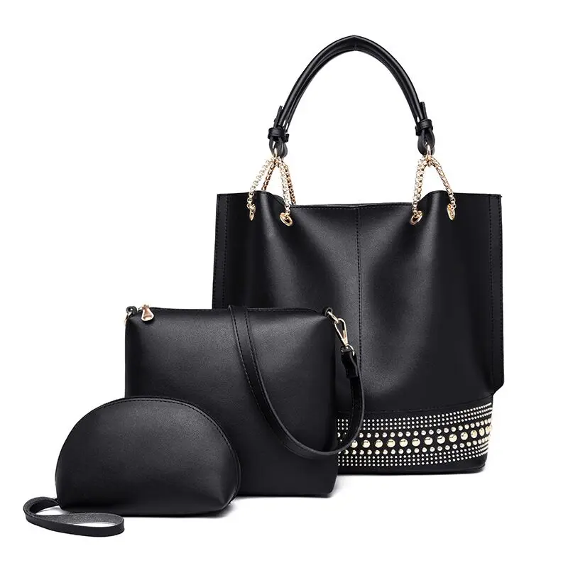 

Vento Marea 3 PCS Women Set Shoulder Bag Large Capacity Red Handbag Rivet Fashion Female Synthetic Leather Tote Cross Body Purse