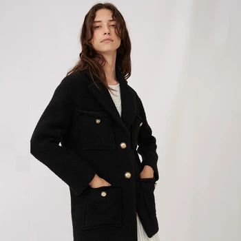 

Black Tweed Coat Women Autumn Winter Elegant Long Sleeve Button Up Pockets Jacket 2020 Vintage Office Lady Black Coat Women