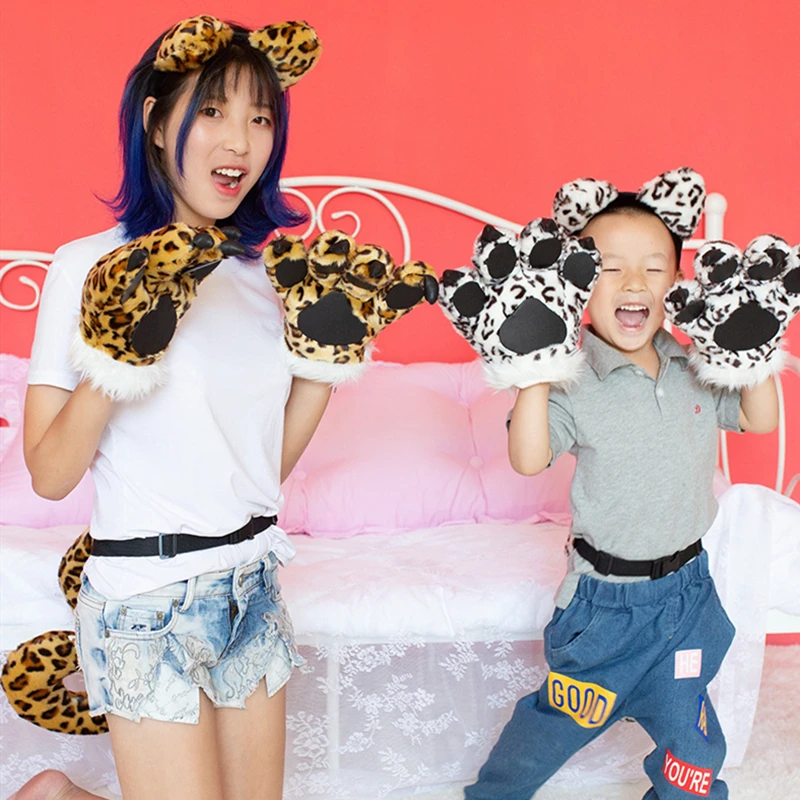 Halloween Plush Cartoon Animals Costume Toy Plush Tiger paw/ tail /head band / Stuffed Animals Tiger Leopard Dolls Kids Cosplay