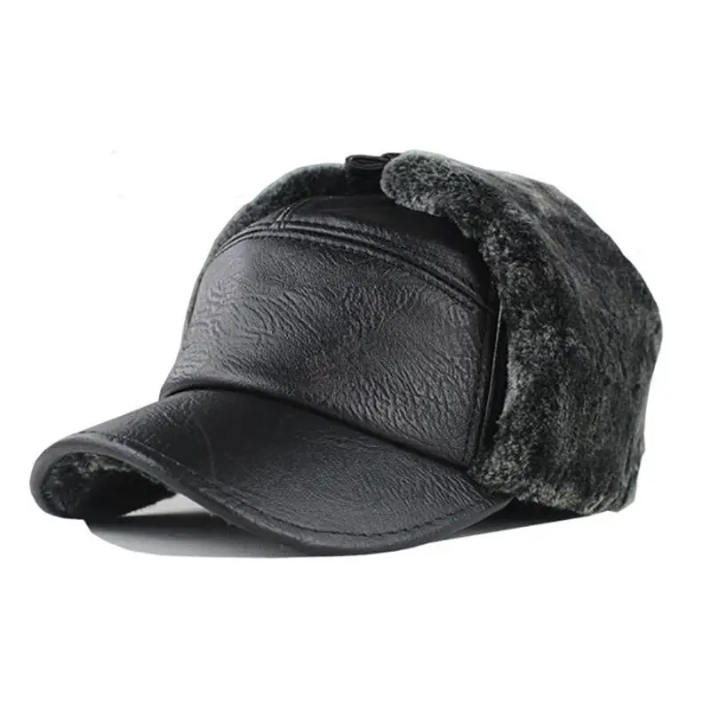 Leather Cap Men Earmuffs Winter Leather Hat Warm Plus Velvet Ear Protector Cap Locomotive Middle-Aged Lei Feng Hats
