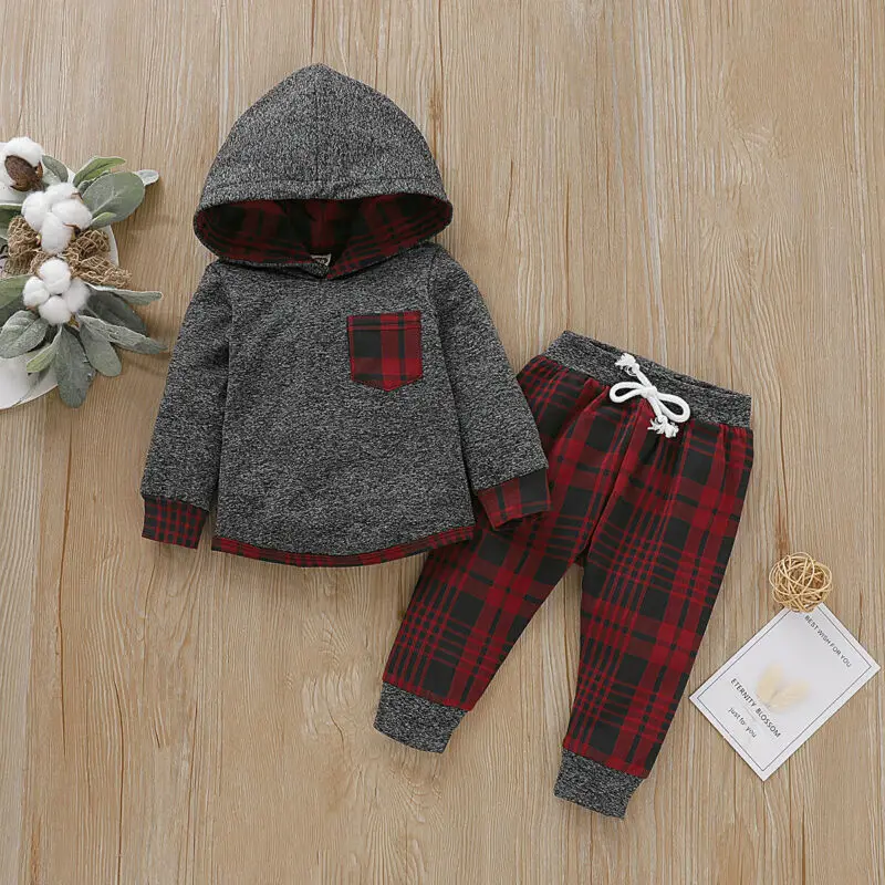 Толстовки с капюшоном для маленьких мальчиков; одежда для маленьких девочек; сезон осень-зима; топ с капюшоном+ клетчатые штаны; комплект из 2 предметов